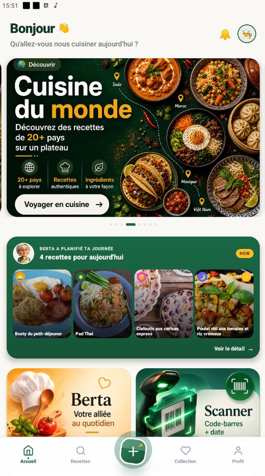 Écran d'accueil de l'app
